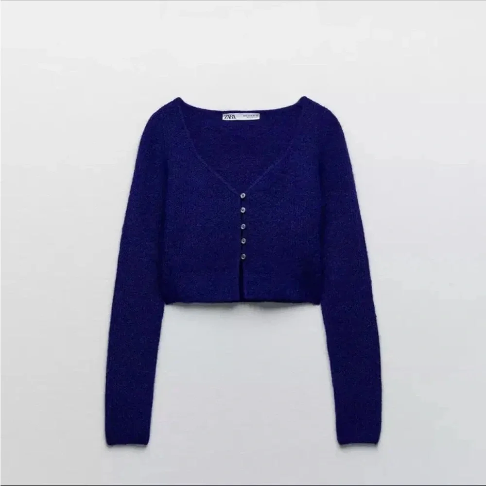 Zara Royal Blue Fuzzy Cropped Cardigan - Soft Knit V-Neck Sweater - Size S - Picture 5 of 9